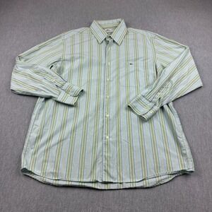 Vintage Lacoste Shirt Men XL 44 Green Blue Striped Button Up Long Sleeve Croc
